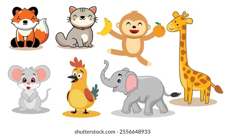 Cute cartoon animals collection. Vector various types of cute carton animals icons isolated on white background