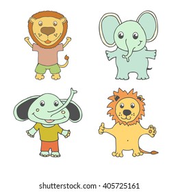 Cute cartoon animals collection. Vector set of cute animals. Vector illustration of cartoon  leos, elephants