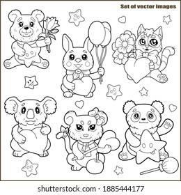 cute cartoon animals, coloring book, funny images set