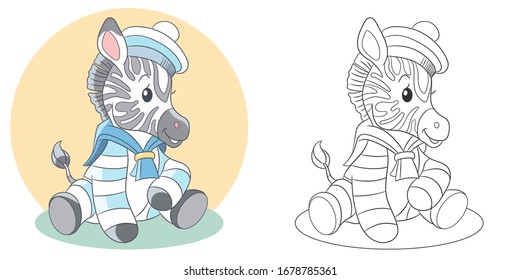 Cute cartoon animals. Coloring page with zebra. Funny animal clipart set for nursery poster, t shirt print, kids coloring book, greeting card, wallpaper or banner.