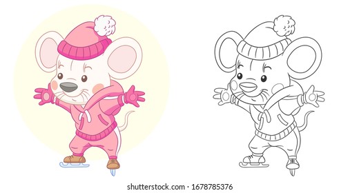 Cute cartoon animals. Coloring page with mouse. Funny animal clipart set for nursery poster, t shirt print, kids coloring book, greeting card, wallpaper or banner.