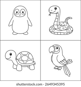 Cute cartoon animals coloring page featuring a penguin snake turtle and parrot