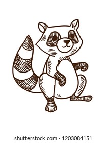 Cute cartoon animals concept. Hand drawn funny striped little raccoon. Vector illustration isolated on white background, in style of engraving.