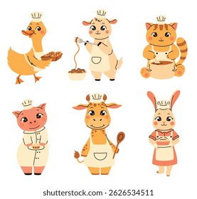 Cute cartoon animals cooks and bakers. Cat, giraffe, duck, hare, pig, goat. Flat vector illustration.