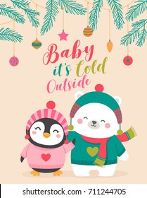 Cute cartoon animals couple illustration for Christmas and new year card template