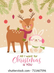 Cute cartoon animals couple illustrations with pine leaves and snow background for Christmas and new year