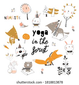 Cute cartoon animals doing yoga exercises in the forest