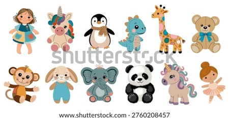 Cute cartoon animals and dolls in cheerful poses. Each character radiates playful joy and innocence. Perfect for children's products or educational materials. Ideal for illustrations, games