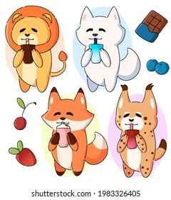 Animales de dibujos animados pequeños bebiendo, animales fijos, león, zorro, zorro ártico, lince, batido de ordeño, ilustración vectorial