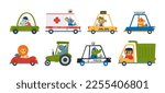 Cute cartoon animals driving auto. Pets drive cars, funny animal transport. Ambulance and truck, police and taxi. Kids transportation classy vector set