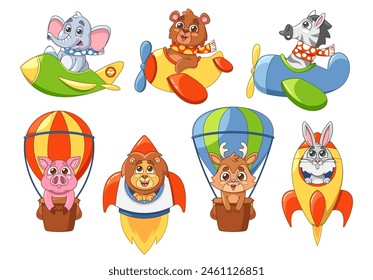 Cute Cartoon Animals Each In Unique Colorful Flying Machines as Planes, Air Balloons or Rockets, Soaring Through The Sky