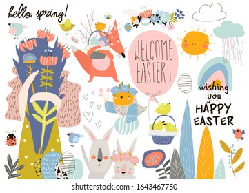 Cute cartoon animals with Easter theme. Happy Easter