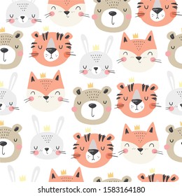 Cute cartoon animals face - fox,bunny, bear, tiger. Hand drawn animals seamless pattern for baby