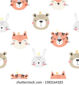 Cute cartoon animals face - fox,bunny, bear, tiger. Hand drawn animals seamless pattern for baby