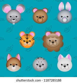 Cute cartoon animals face icon set, vector illustration