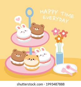 Cute cartoon animals face macaron on plate with flower.Image for kid,sticker,card,background,wallpaper,banner.Graphic design.Rabbit,bear,shiba inu dog.Dessert.Kawaii.Vector.Illustration.Illustrator.