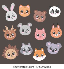 Cute cartoon animals faces. Big set