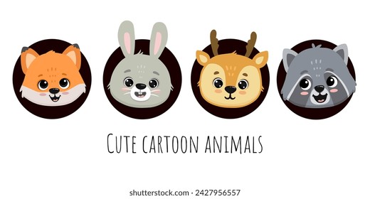 Lindos animales de dibujos animados se enfrentan a zorro, conejo, conejo, ciervo y mapache aislados en blanco. Ilustración de animales del bosque. Vector