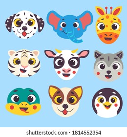 Cute cartoon animals faces set part 3. Isolated vector illustration. Dalmatian dog, elephant, giraffe, white tiger, cow, wolf, snake, dog, penguin heads nursery decor. svg