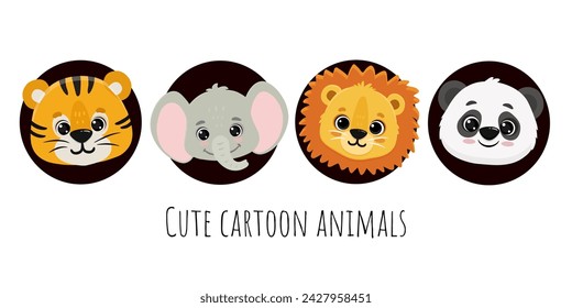 Cute cartoon animals faces tiger, elephant , lion and panda bear isolated on white. Illustration of funny animals. Vector