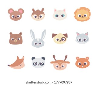 cute cartoon animals faces wild domestic pet collection icons vector illustration