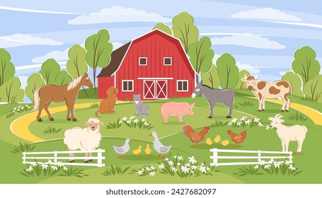 Cute cartoon animals. Farm animals with landscape - horse, cow, donkey, pig, sheep, goat, rooster, chicken, duck,  dog, cat. Vector illustration