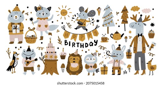 Cute cartoon animals with festive birthday design elements. Forest animals isolated on white. Frog, fox, bear, hare, owl, hedgehog, deer, moose, woodpecker. Happy birthday childish vector set