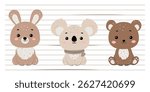 Cute cartoon animals. Flat cartoon vector illustration on stripe background. Cute rabbit, koala and bear