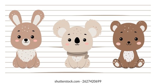 Cute cartoon animals. Flat cartoon vector illustration on stripe background. Cute rabbit, koala and bear