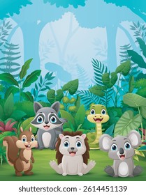 Cute cartoon animals in the forest background