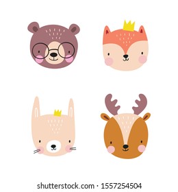 Cute cartoon animals fox, deer, bunny, bear