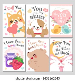 cute cartoon animals and fruits with affection for love concept card design