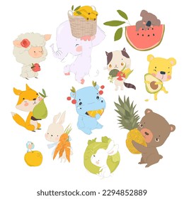 Cute Cartoon Animals with Fruits and Vegetables