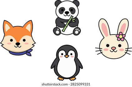Cute cartoon animals gather together in a friendly group. Each creature displays a soft, smiling expression. Fox, panda, penguin, and bunny look sweet and harmless