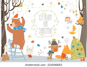 Cute Cartoon Animals getting ready for Christmas