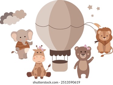 Animales lindos de la historieta. Jirafa, elefante, león, oso y globo aerostático. Conjunto de Ilustraciones vectoriales 2d.