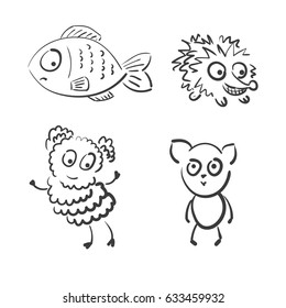 Cute cartoon animals. Hand drawn doodle vector illustration.