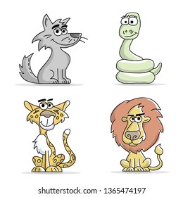 Cute cartoon animals. Hand-drawn lion, cheetah, boa and wolf characters