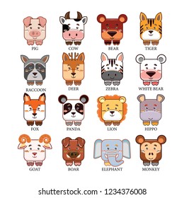 Cute cartoon animals head. pig, cow, bear, tiger, raccoon, deer, zebra, fox, panda, white panda, lion, hippo