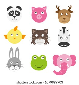 Cute cartoon animals head round shape. panda pig deer chicken cat zebra hare frog elephant