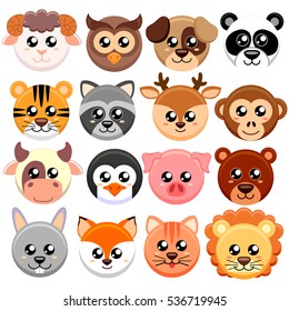 Cute cartoon animals head round shape.  Bear, cat, dog, pig, rabbit, cow, deer, lion, sheep, tiger, owl, panda, raccoon, monkey, penguin, hare, fox