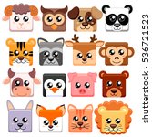 Cute cartoon animals head square shape.  Bear, cat, dog, pig, rabbit, cow, deer, lion, sheep, tiger, owl, panda, raccoon, monkey, penguin, hare, fox