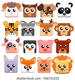 Animales de dibujos animados con forma cuadrada.  Oso, gato, perro, cerdo, conejo, vaca, ciervo, león, oveja, tigre, búho, panda, mapache, mono, pingüino, liebre, zorro