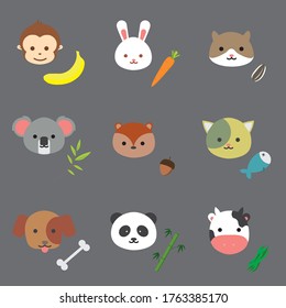 Cute Cartoon Animals Head and Their Food