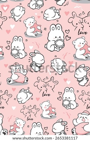 Cute cartoon animals and hearts pattern on a pink background.