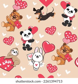 Cute cartoon animals with hearts. teddy bear, panda, sloth, bunny and dachshund seamless pattern. Vector illustration for valentine's day. T-shirt design