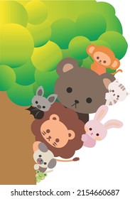 Cute Cartoon Animals Hiding Behind The Tree. Playing Hide And Seek. Cartoon Animal Character. Illustration, Vector, EPS10