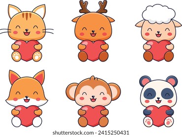 Cute Cartoon Animals Holding Heart. Happy Valentine Day