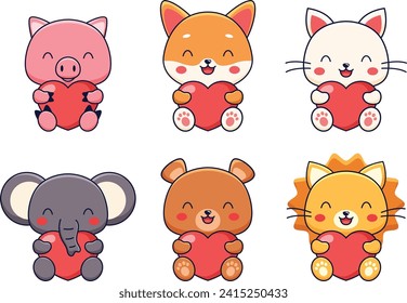 Cute Cartoon Animals Holding Heart. Happy Valentine Day