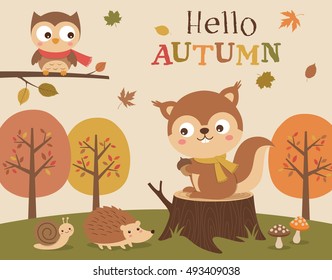Cute cartoon animals illustration with autumn background